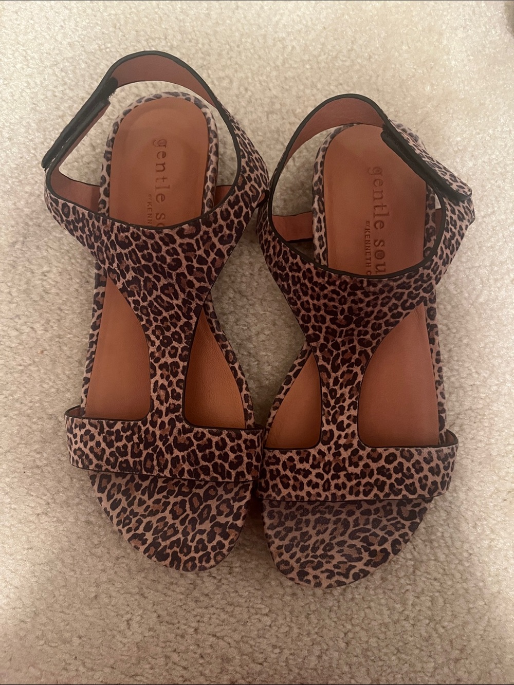 gentle souls Leopard Print T-Strap Sandals - Tan/Black